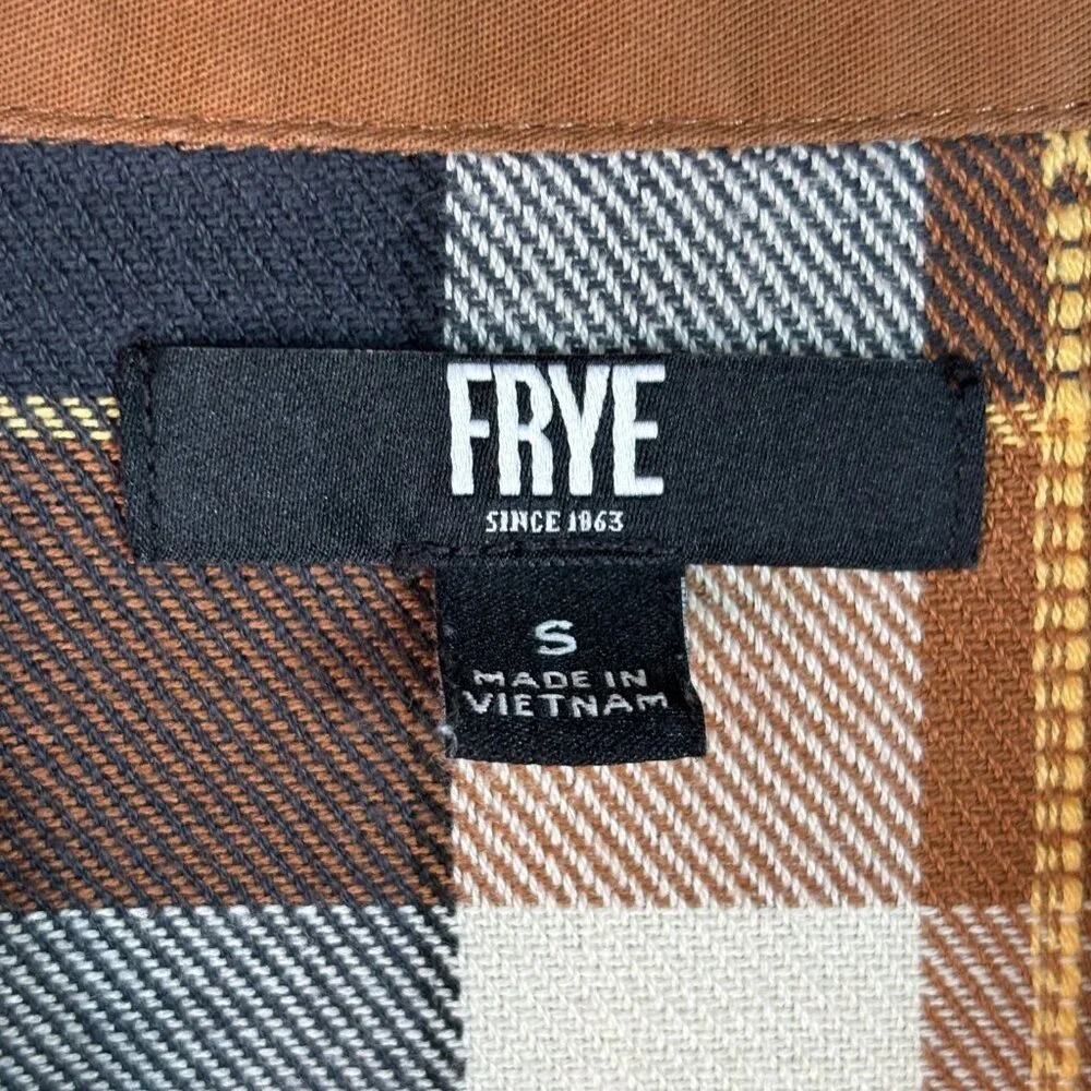 Frye Flannel Shirt Small Brown Plaid Long Sleeve Button-Up Cotton Men's - Picture 8 of 9